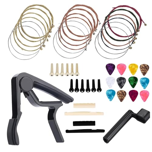 hanbangabc 48 PCS Guitar Accessories Kit, Acoustic Guitar Changing Tool, Including Strings, Picks, Capo, String Winder, Bridge Pins, Pin Puller, for Guitar Players and Beginners - Image 1