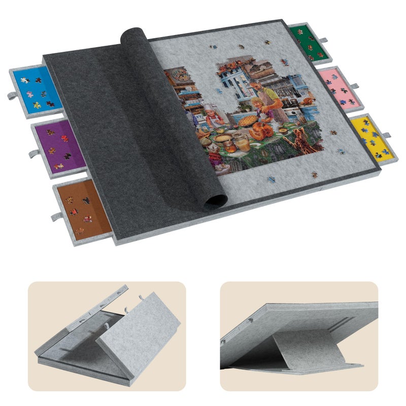 Tektalk 2000 Piece Foldable Jigsaw Puzzle Table with Cover, 3-Tilting-Angle Plateau, Lightweight Portable Felt Puzzle Board with 6 Sorting Drawers (Light Gray) - Image 1