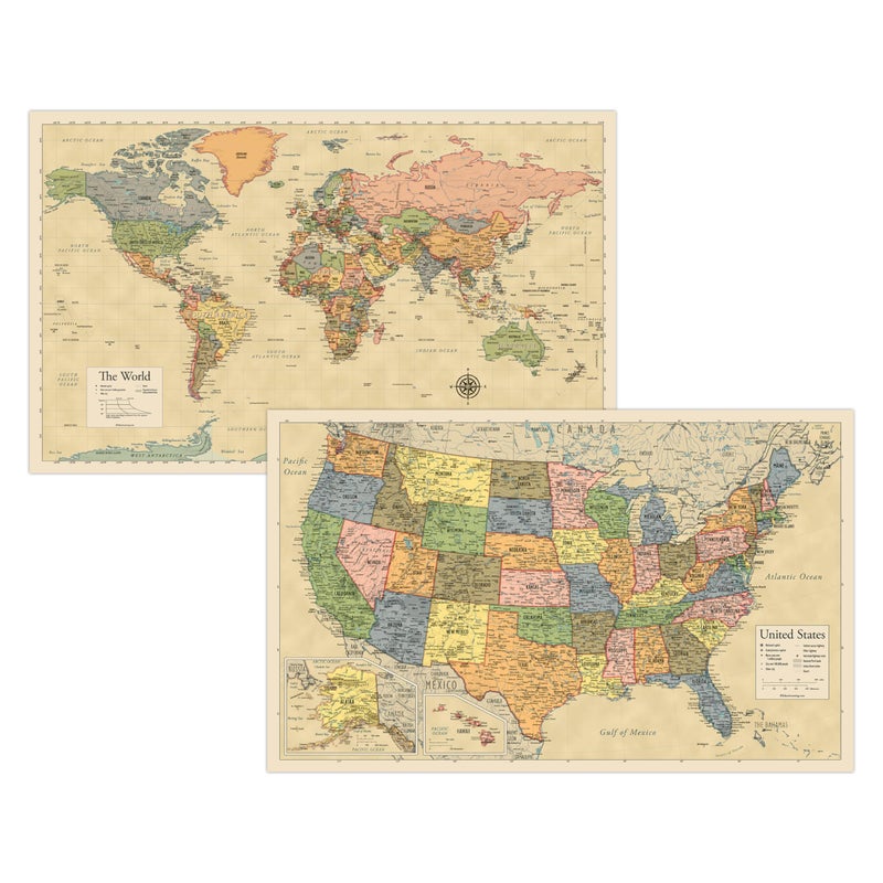 Palace Learning 2 Pack - Laminated World Map & US Map Poster Set - Wall Chart Map of the World & United States - Made in the USA [Yellow] - Image 1