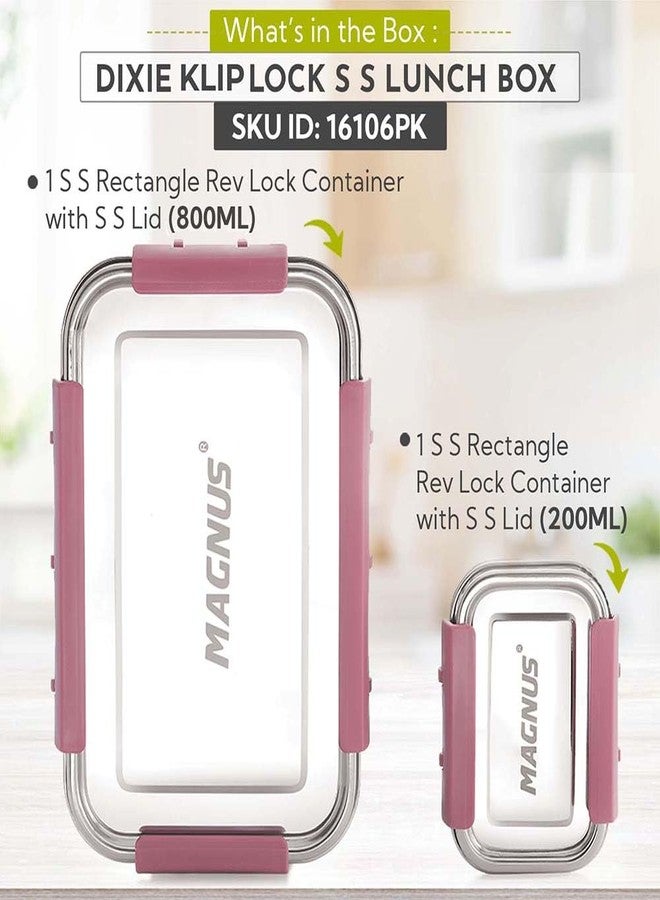 Magnus Dixie Stainless Steel Lunch Box - Airtight & Leak Proof Tiffin, 2 Containers (800ml & 200ml), Ideal Lunch Box for Kids, Lunch Boxes for Office Men, Women & Picnic, Pink - Image 2