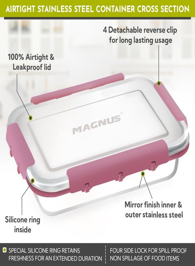 Magnus Dixie Stainless Steel Lunch Box - Airtight & Leak Proof Tiffin, 2 Containers (800ml & 200ml), Ideal Lunch Box for Kids, Lunch Boxes for Office Men, Women & Picnic, Pink - Image 4