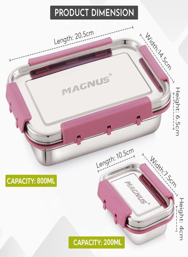 Magnus Dixie Stainless Steel Lunch Box - Airtight & Leak Proof Tiffin, 2 Containers (800ml & 200ml), Ideal Lunch Box for Kids, Lunch Boxes for Office Men, Women & Picnic, Pink - Image 3