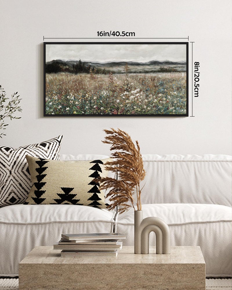 SHENIFY Vintage Landscape Framed Wall Art Meadow Flowers Farmhouse Decor Retro Classic Painting for Kitchen Bedroom Living Room Bathroom - 8x16in Black Framed - Image 2