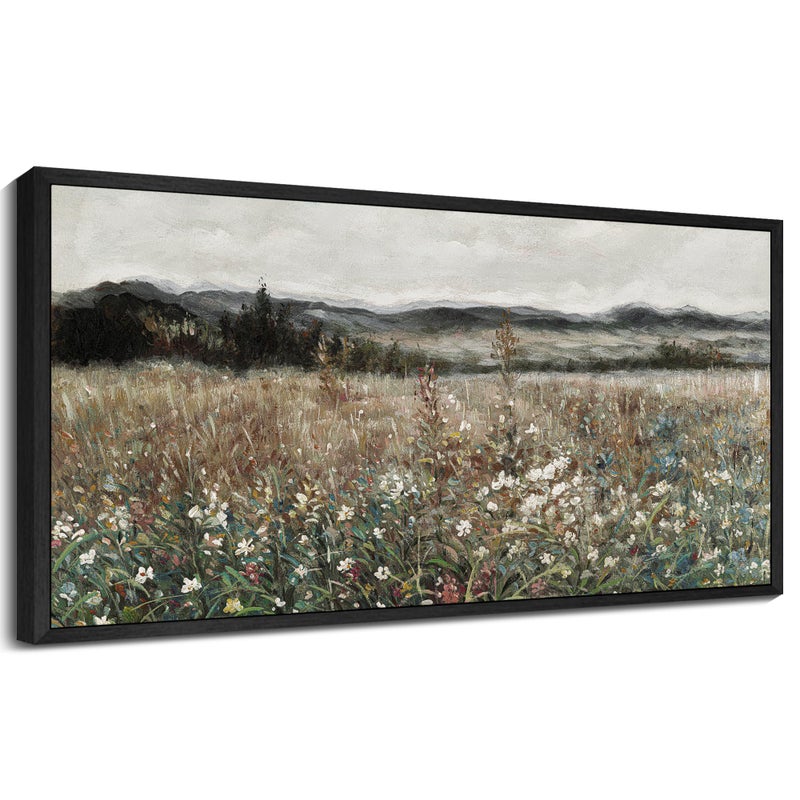 SHENIFY Vintage Landscape Framed Wall Art Meadow Flowers Farmhouse Decor Retro Classic Painting for Kitchen Bedroom Living Room Bathroom - 8x16in Black Framed - Image 1