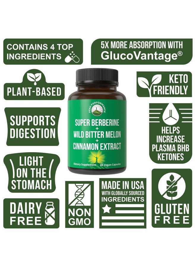 Peak Performance Ultra High Strength 4-In-1 Super Berberine Patented GlucoVantage® + Wild Bitter Melon + Cinnamon Extract + Chromium Picolinate Vegan Capsules. Great Supplement to Support After-Meal Spikes and Energy - Image 3