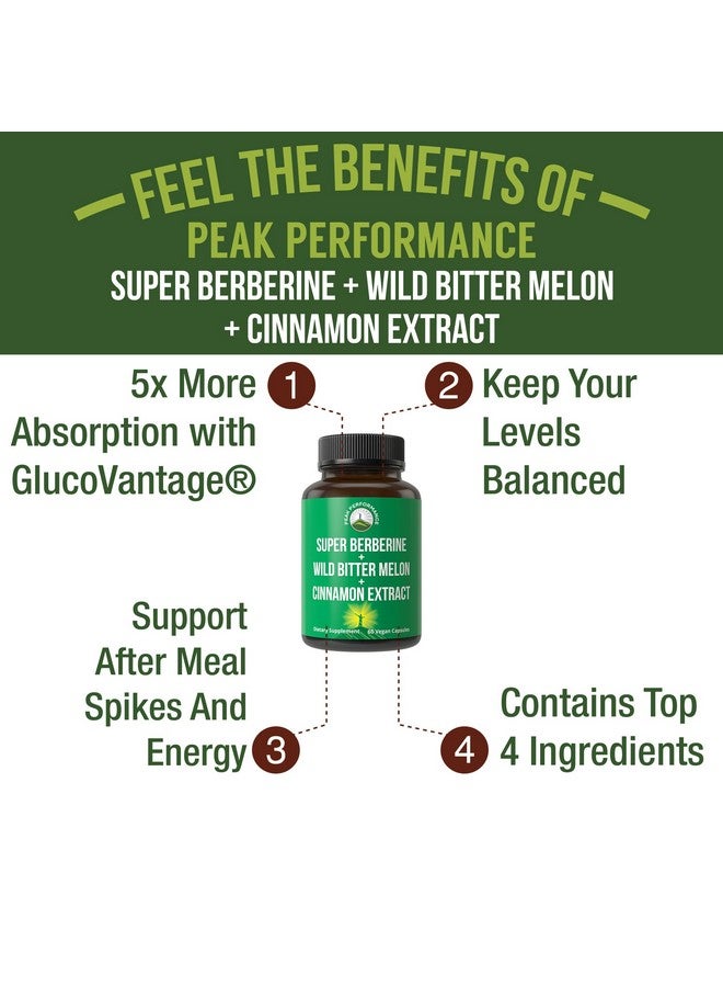 Peak Performance Ultra High Strength 4-In-1 Super Berberine Patented GlucoVantage® + Wild Bitter Melon + Cinnamon Extract + Chromium Picolinate Vegan Capsules. Great Supplement to Support After-Meal Spikes and Energy - Image 2