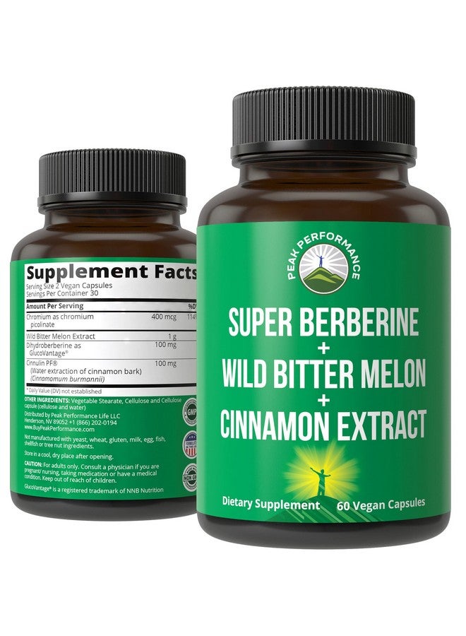 Peak Performance Ultra High Strength 4-In-1 Super Berberine Patented GlucoVantage® + Wild Bitter Melon + Cinnamon Extract + Chromium Picolinate Vegan Capsules. Great Supplement to Support After-Meal Spikes and Energy - Image 1