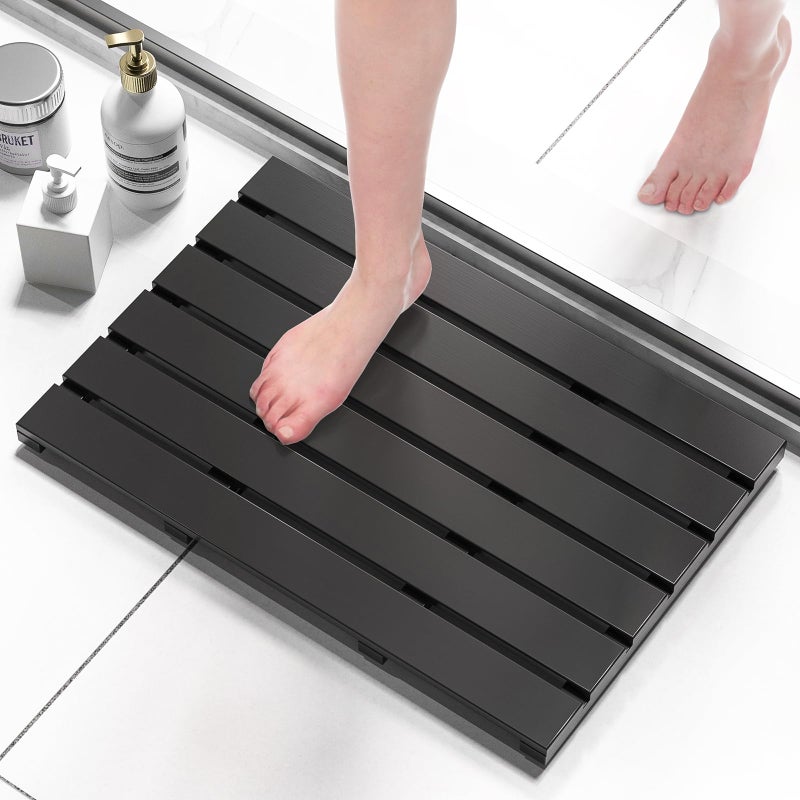 Domax Domax Wooden Bamboo Bath Shower Mat NonSlip Waterproof Large Bathroom Floor Mat for Indoor Outdoor Black 2126 x 1417 x 13 Inches 