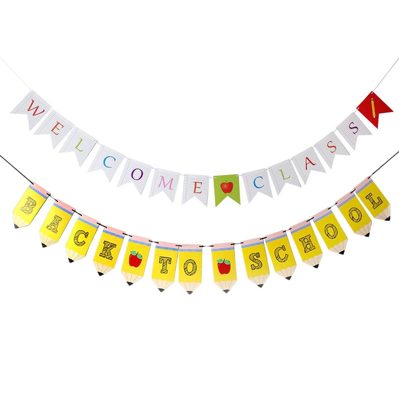 2 Sets Ceremony Banner Welcome Class Bunting Back to School Pull Flag First Day of School Decoration - Image 1