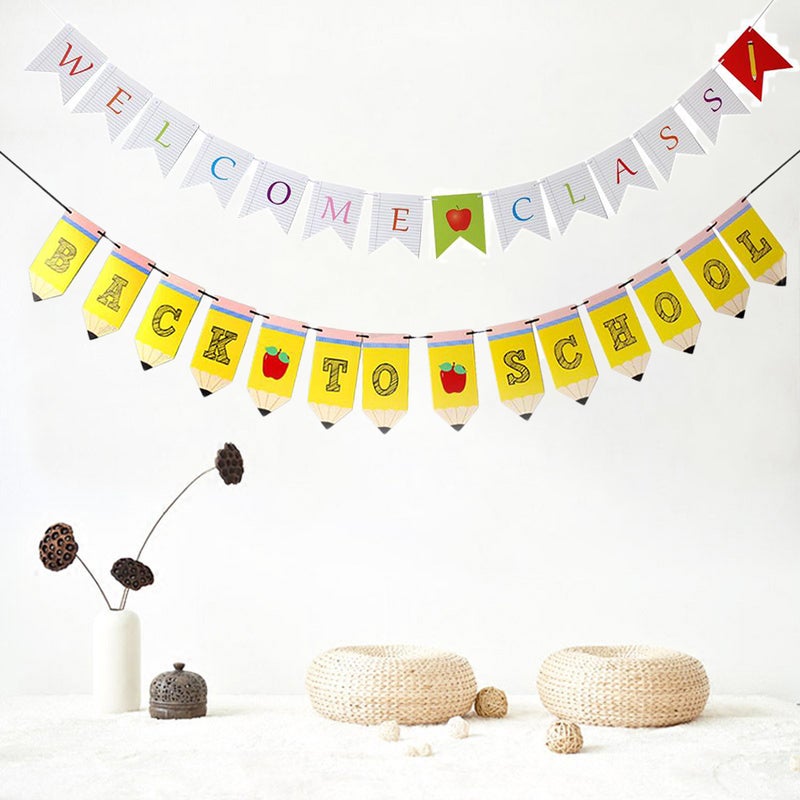 2 Sets Ceremony Banner Welcome Class Bunting Back to School Pull Flag First Day of School Decoration - Image 5