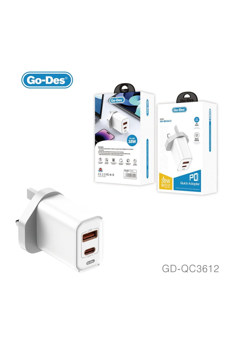 GO-DES 38W PD + QC 3.0 Dual-Port Fast Travel Charger USB-C USB-A Wall Adapter with Smart Protection - Image 1