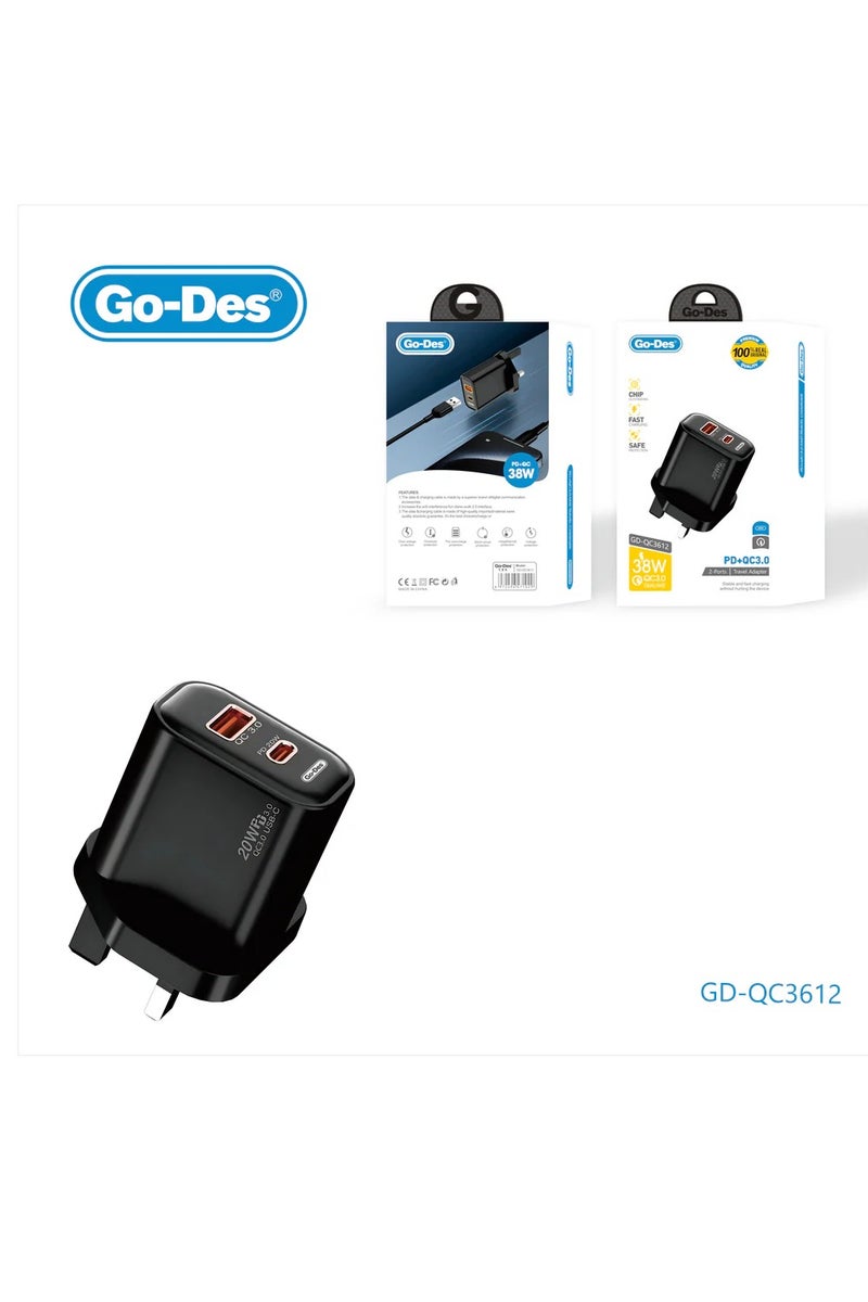 GO-DES 38W PD + QC 3.0 Dual-Port Fast Travel Charger USB-C USB-A Wall Adapter with Smart Protection - Image 2