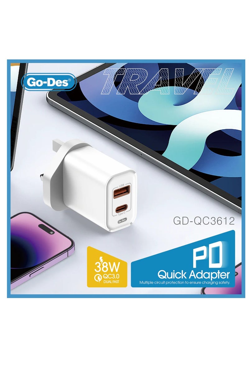GO-DES 38W PD + QC 3.0 Dual-Port Fast Travel Charger USB-C USB-A Wall Adapter with Smart Protection - Image 3