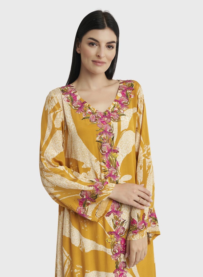 KASHKHA Kuwaiti Cut Floral Print Centre Panel Work Jalabiya - Image 1