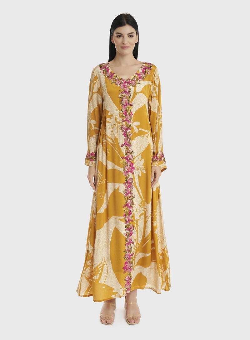 KASHKHA Kuwaiti Cut Floral Print Centre Panel Work Jalabiya - Image 2