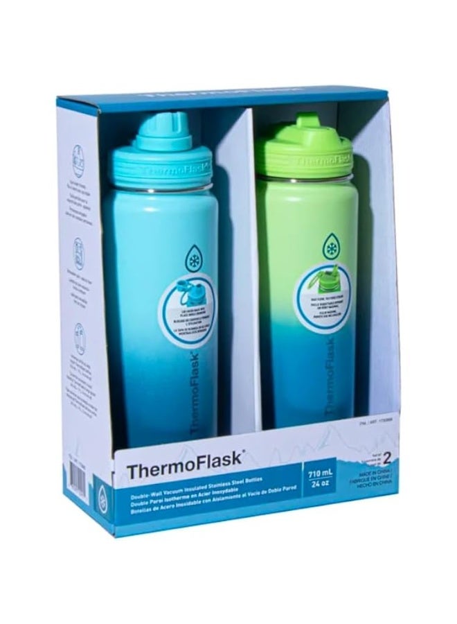 ثيرمو فلاسك زجاجة ماء فولاذية معزولة بتفريغ الهواء بجدار مزدوج، 710 مل، 24 أونصة، أزرق وأخضر، عبوة من قطعتين - Image 4
