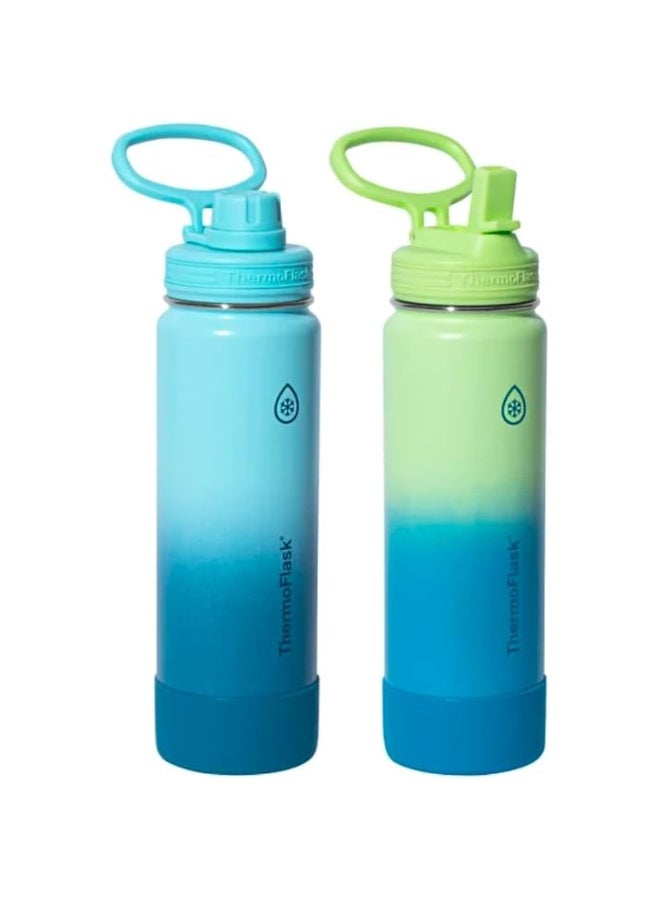 ثيرمو فلاسك زجاجة ماء فولاذية معزولة بتفريغ الهواء بجدار مزدوج، 710 مل، 24 أونصة، أزرق وأخضر، عبوة من قطعتين - Image 1