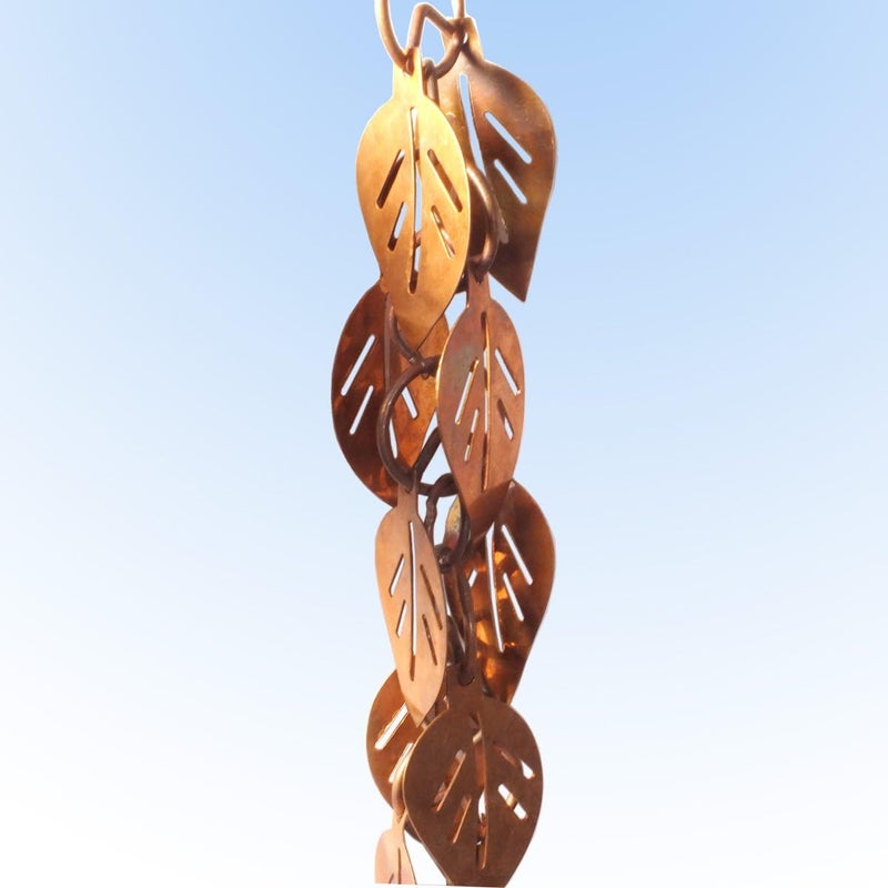 Monarch Rain Chains Pure Copper Cascading Leaves Rain Chain, 8.5 Ft Decorative Rain Catcher Chain for Gutters, Rain Chains for Outside, Rain Gutter Replacement Downspout - Image 1