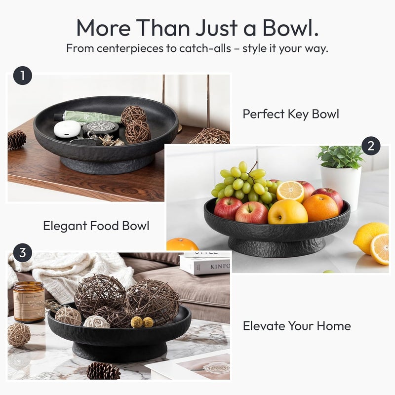 DeNestora Granite Inspired Matte Black Fruit Bowl | Wide, Shallow Textured Pedestal Bowl | 11 Inch Unique Centerpiece for Table or Decor for Entryway Table - Image 4