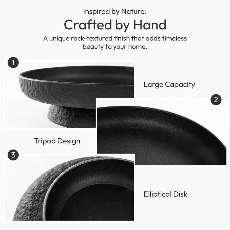 DeNestora Granite Inspired Matte Black Fruit Bowl | Wide, Shallow Textured Pedestal Bowl | 11 Inch Unique Centerpiece for Table or Decor for Entryway Table - Image 3