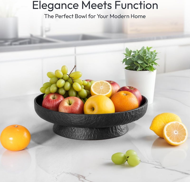 DeNestora Granite Inspired Matte Black Fruit Bowl | Wide, Shallow Textured Pedestal Bowl | 11 Inch Unique Centerpiece for Table or Decor for Entryway Table - Image 5