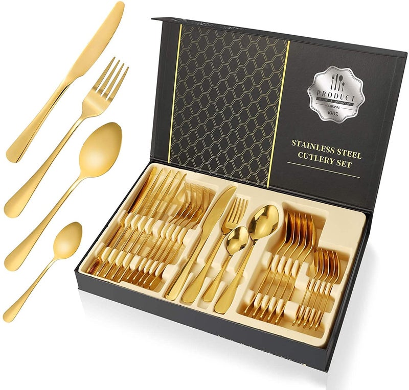 WOPPOW Gold Silverware Set, Stainless Steel Flatware Set Service for 6, Kitchen Cutlery Gift Set Utensils Knife Fork Spoon Dinnerware Tableware Kit for for Home, Wedding, Restaurant (Gold) - Image 1