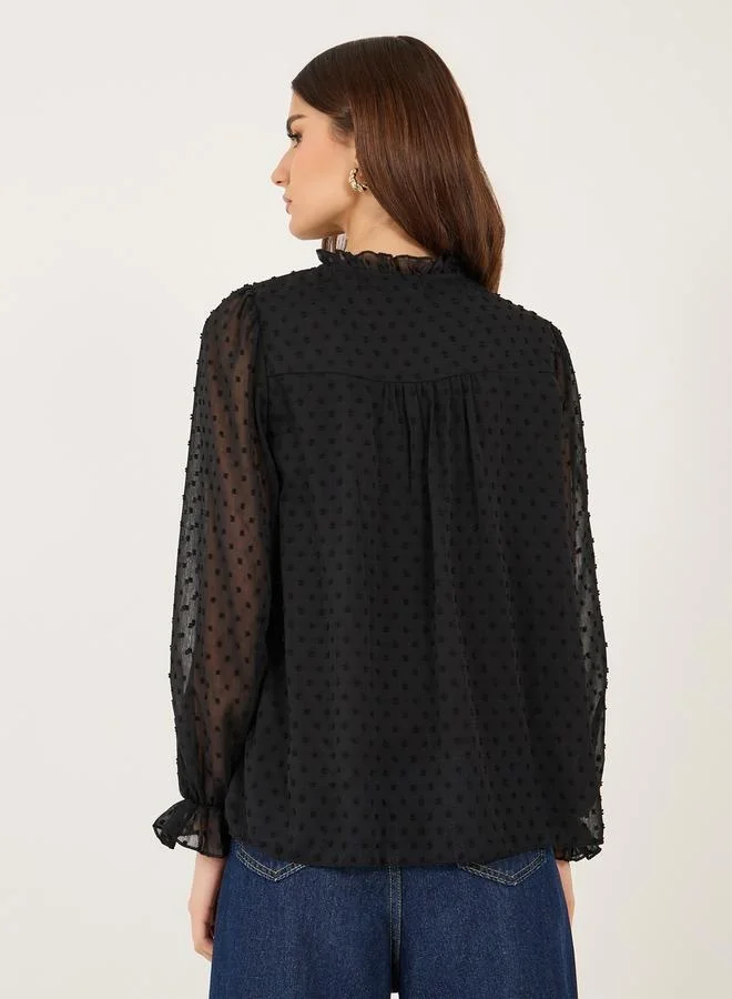 Styli Styli Textured Dobby Balloon Sleeve Top with Tie Up Neck