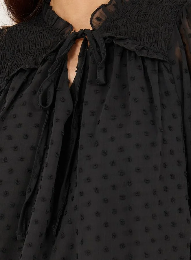 Styli Styli Textured Dobby Balloon Sleeve Top with Tie Up Neck