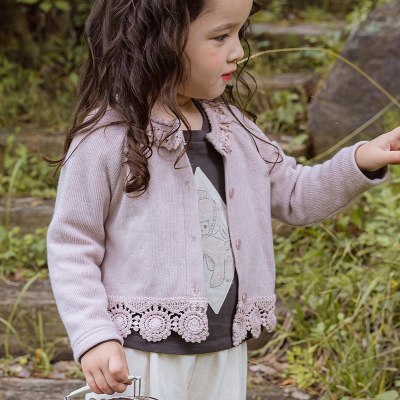 Spring 2025 Strawberry South Korea Childrens Girls Girls Hollow Embroidered Lace Short Knitted Cardigan Jacket Sf196A-Pink Lace Cardigan 
