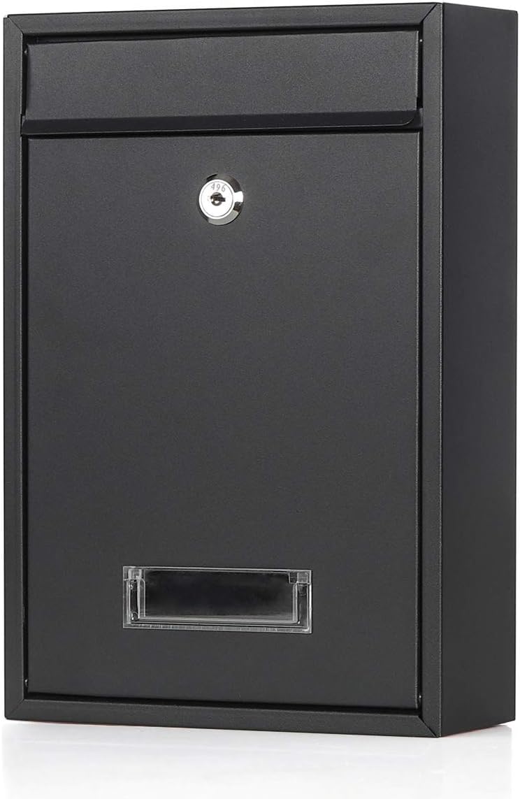 Jssmst Locking Mailboxes Wall Mounted Vertical Key Lock Drop Mail Box Medium Capacity Galvanized Steel Cover Rust-Proof Metal Post Box, 12.6 x 8.6 x 3.4 Inch, Black Matt, SM-0601LM - Image 1
