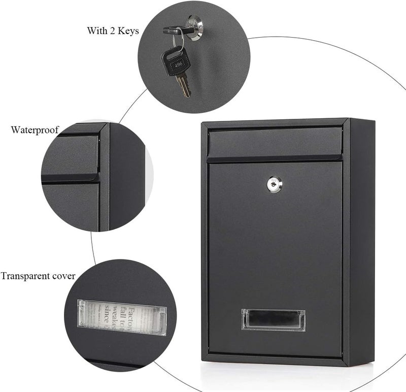 Jssmst Locking Mailboxes Wall Mounted Vertical Key Lock Drop Mail Box Medium Capacity Galvanized Steel Cover Rust-Proof Metal Post Box, 12.6 x 8.6 x 3.4 Inch, Black Matt, SM-0601LM - Image 3