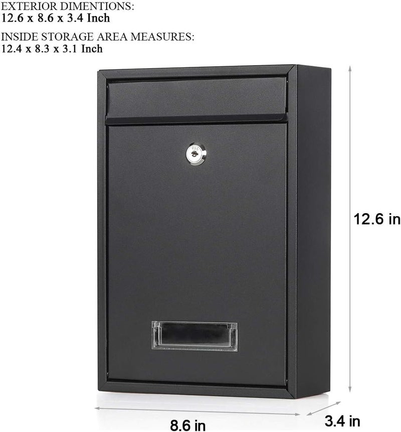 Jssmst Locking Mailboxes Wall Mounted Vertical Key Lock Drop Mail Box Medium Capacity Galvanized Steel Cover Rust-Proof Metal Post Box, 12.6 x 8.6 x 3.4 Inch, Black Matt, SM-0601LM - Image 2