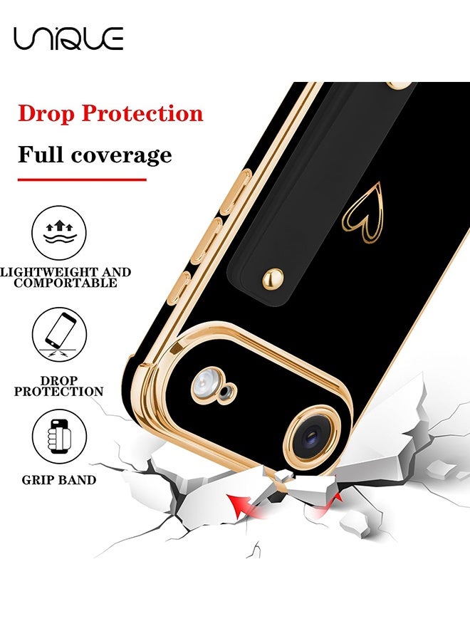 يونيك متوافق مع غطاء iPhone 17 Air - حزام معصم قابل للتعديل وحامل - غطاء فاخر مطلي بالذهب بشكل قلب لطيف - حواف مرتفعة للحماية من الصدمات لجهاز iPhone 17 Air - غطاء واقٍ للنساء والرجال - أسود - Image 2