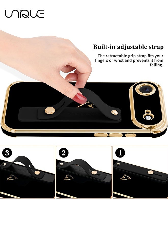 يونيك متوافق مع غطاء iPhone 17 Air - حزام معصم قابل للتعديل وحامل - غطاء فاخر مطلي بالذهب بشكل قلب لطيف - حواف مرتفعة للحماية من الصدمات لجهاز iPhone 17 Air - غطاء واقٍ للنساء والرجال - أسود - Image 5