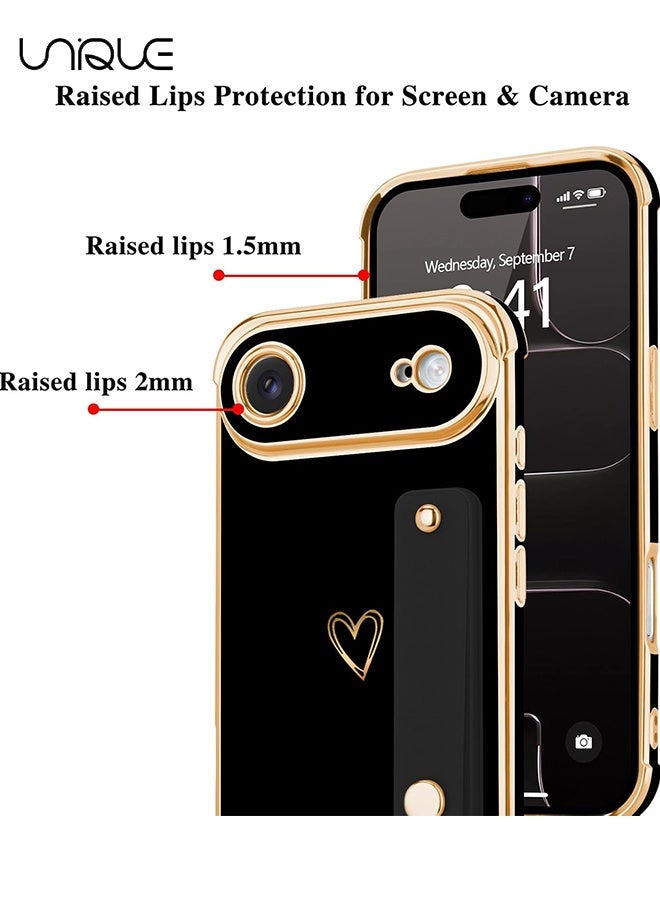 يونيك متوافق مع غطاء iPhone 17 Air - حزام معصم قابل للتعديل وحامل - غطاء فاخر مطلي بالذهب بشكل قلب لطيف - حواف مرتفعة للحماية من الصدمات لجهاز iPhone 17 Air - غطاء واقٍ للنساء والرجال - أسود - Image 3