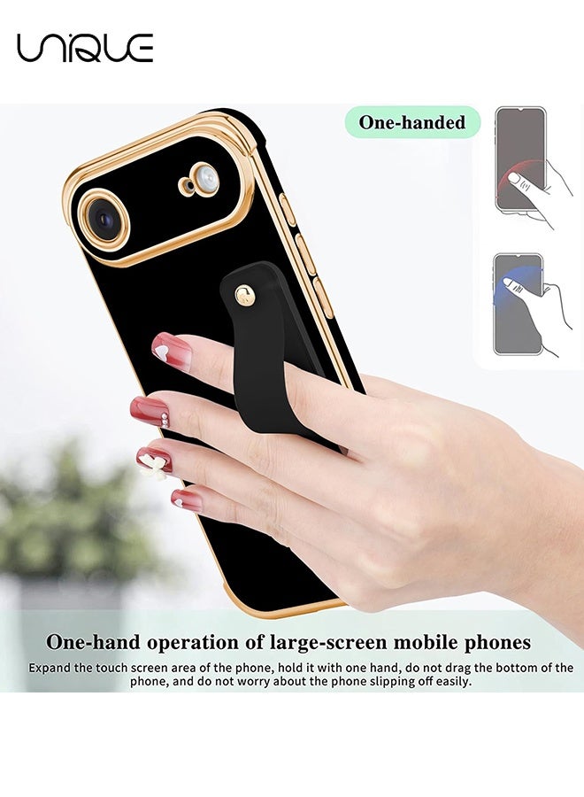 يونيك متوافق مع غطاء iPhone 17 Air - حزام معصم قابل للتعديل وحامل - غطاء فاخر مطلي بالذهب بشكل قلب لطيف - حواف مرتفعة للحماية من الصدمات لجهاز iPhone 17 Air - غطاء واقٍ للنساء والرجال - أسود - Image 4