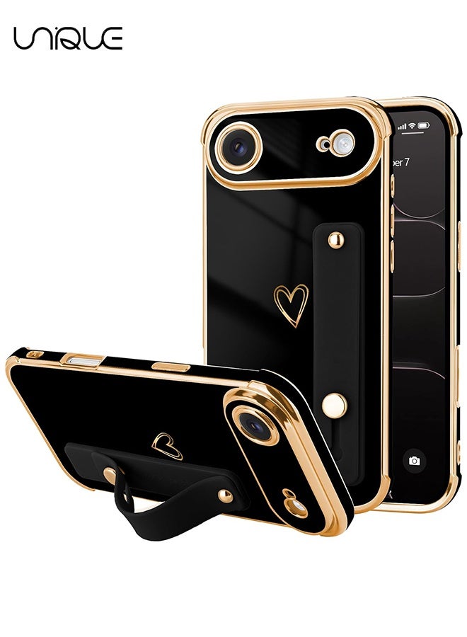 يونيك متوافق مع غطاء iPhone 17 Air - حزام معصم قابل للتعديل وحامل - غطاء فاخر مطلي بالذهب بشكل قلب لطيف - حواف مرتفعة للحماية من الصدمات لجهاز iPhone 17 Air - غطاء واقٍ للنساء والرجال - أسود - Image 1