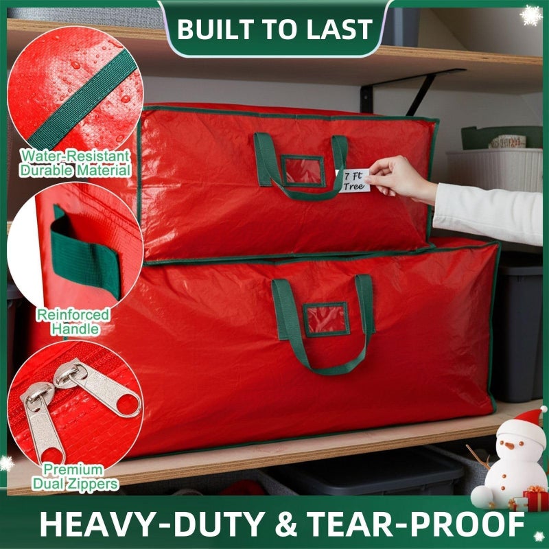 PZU Christmas Tree Storage Bag Set of 2 - Fits Up to 9ft & 7.5ft Artificial Xmas Trees, Heavy-Duty Xmas Holiday Decor Organizer Duffel with Reinforced Handles, Dual Zippers, Tear-Proof Material (Red) - Image 4