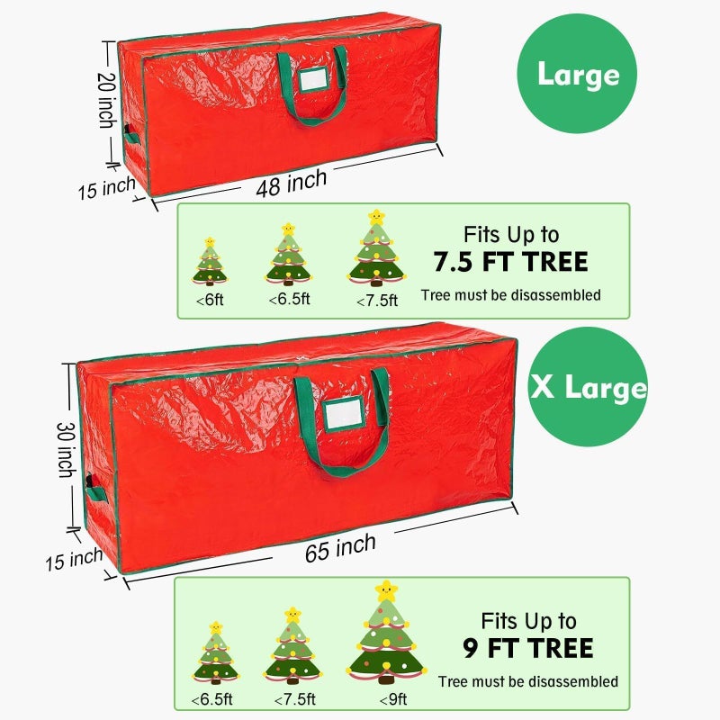 PZU Christmas Tree Storage Bag Set of 2 - Fits Up to 9ft & 7.5ft Artificial Xmas Trees, Heavy-Duty Xmas Holiday Decor Organizer Duffel with Reinforced Handles, Dual Zippers, Tear-Proof Material (Red) - Image 3