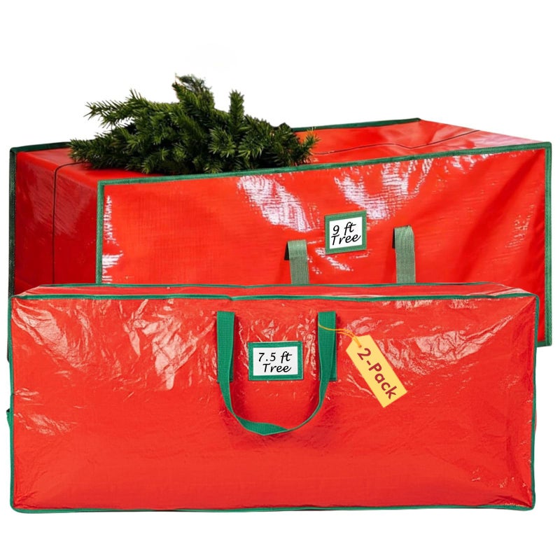 PZU Christmas Tree Storage Bag Set of 2 - Fits Up to 9ft & 7.5ft Artificial Xmas Trees, Heavy-Duty Xmas Holiday Decor Organizer Duffel with Reinforced Handles, Dual Zippers, Tear-Proof Material (Red) - Image 1