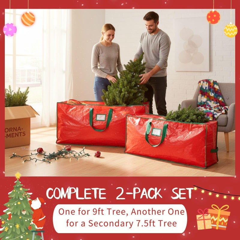 PZU Christmas Tree Storage Bag Set of 2 - Fits Up to 9ft & 7.5ft Artificial Xmas Trees, Heavy-Duty Xmas Holiday Decor Organizer Duffel with Reinforced Handles, Dual Zippers, Tear-Proof Material (Red) - Image 2