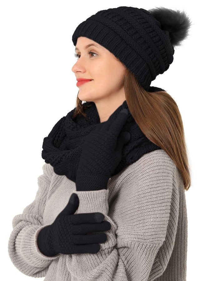 Double Couple 3pcs Winter Beanie Hat Scarf and Touch Screen Gloves Set for Women Knit Hat with Faux Fur Ball Scarves Glove - Image 1