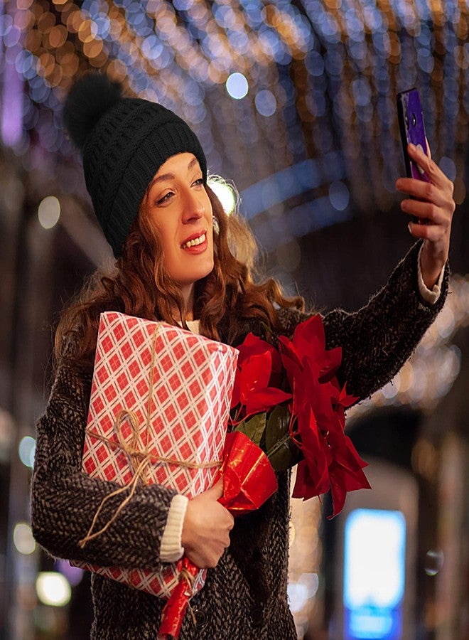 Double Couple 3pcs Winter Beanie Hat Scarf and Touch Screen Gloves Set for Women Knit Hat with Faux Fur Ball Scarves Glove - Image 5