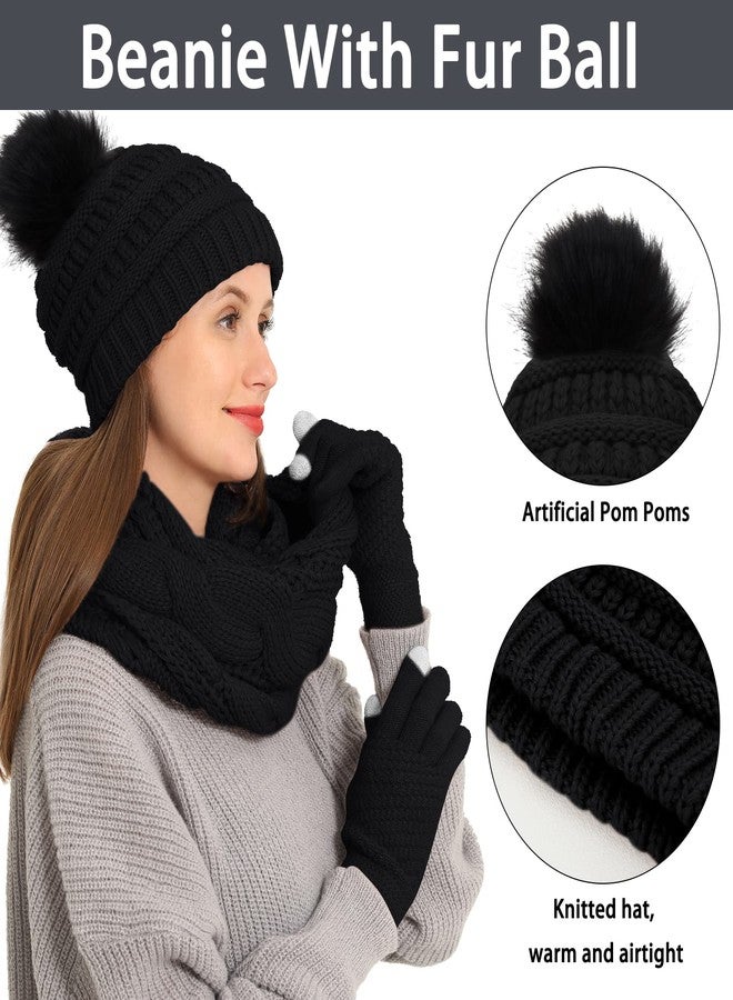 Double Couple 3pcs Winter Beanie Hat Scarf and Touch Screen Gloves Set for Women Knit Hat with Faux Fur Ball Scarves Glove - Image 2