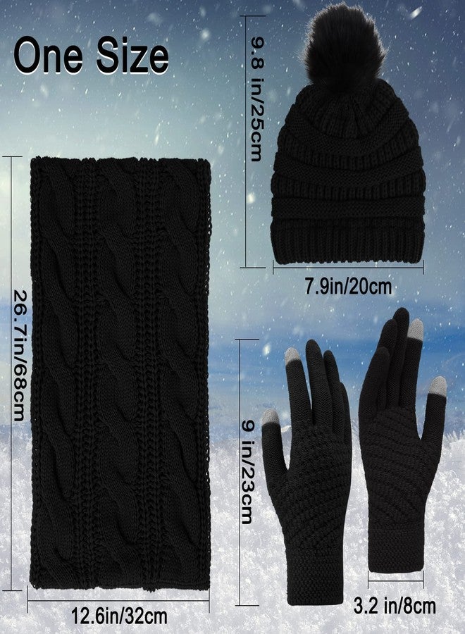 Double Couple 3pcs Winter Beanie Hat Scarf and Touch Screen Gloves Set for Women Knit Hat with Faux Fur Ball Scarves Glove - Image 4