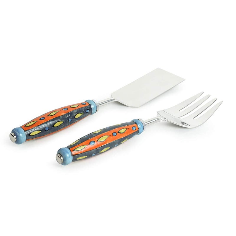 ExclusiveLane ExclusiveLane The Mughal Aakar HandPainted Serving Fork Scraper in Stainless Steel Ceramic Set of 2 Cake Cutter Slicer Salad Servers Fork Serveware Dinning Table Accessories Kitchen Tools  - Image 2