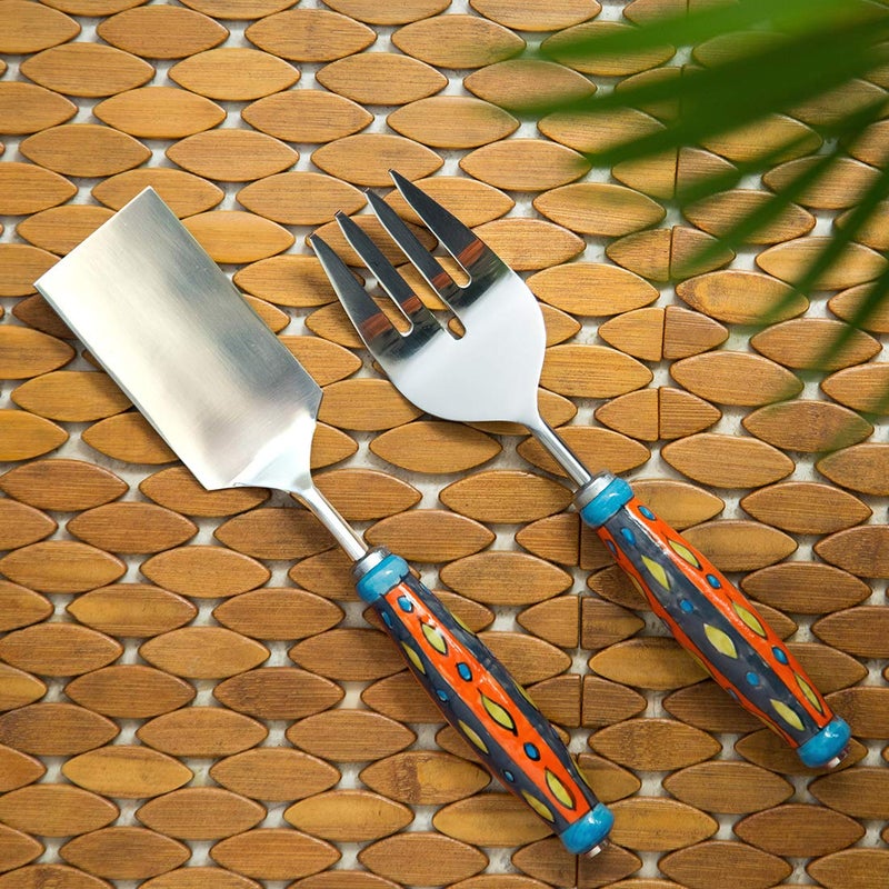 ExclusiveLane ExclusiveLane The Mughal Aakar HandPainted Serving Fork Scraper in Stainless Steel Ceramic Set of 2 Cake Cutter Slicer Salad Servers Fork Serveware Dinning Table Accessories Kitchen Tools  - Image 1