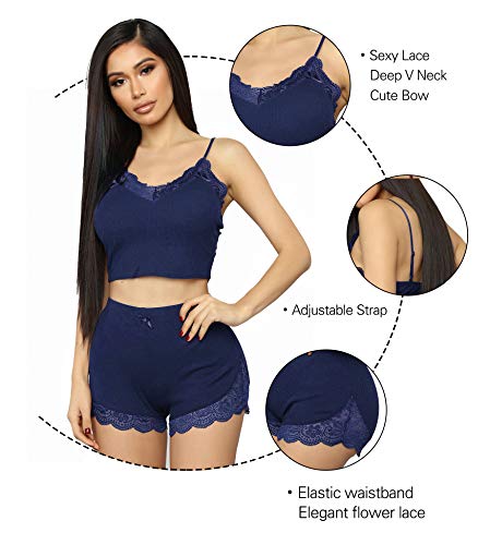 RSLOVE Women Sexy Pajama Set Two-piece Pj Sets Sleepwear Loungewear Lace Tank Top Shorts Blue S - Image 4