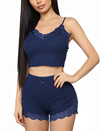 RSLOVE Women Sexy Pajama Set Two-piece Pj Sets Sleepwear Loungewear Lace Tank Top Shorts Blue S - Image 1
