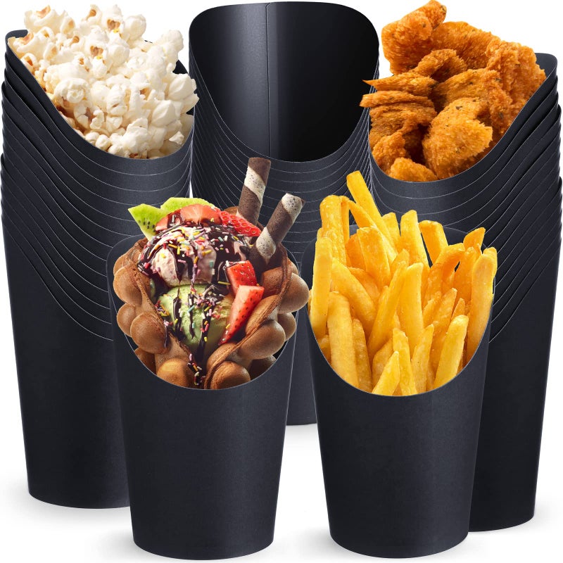Rtteri 150 Pcs Disposable Charcuterie Cups 16 oz French Fry Cups Black Popcorn Box Kraft Paper for Halloween Party Serving Treats Dessert Snack Food - Image 1